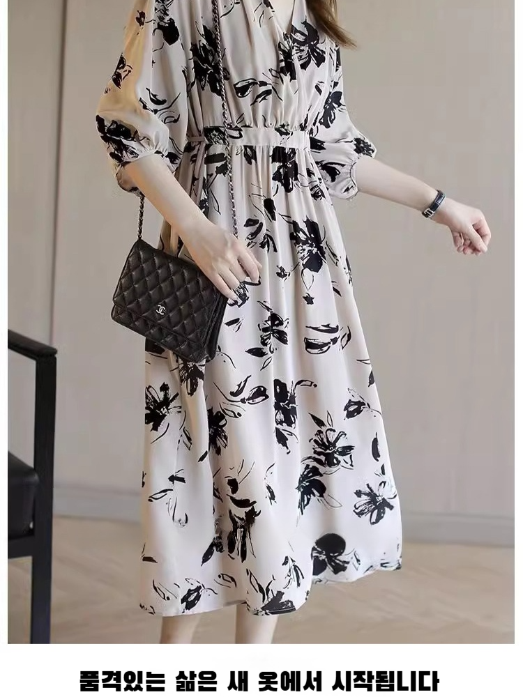 【핫세일】 V넥 원피스 여성 봄/여름 기질 슬림 미디 길이 스커트 허리 플리츠 원피스