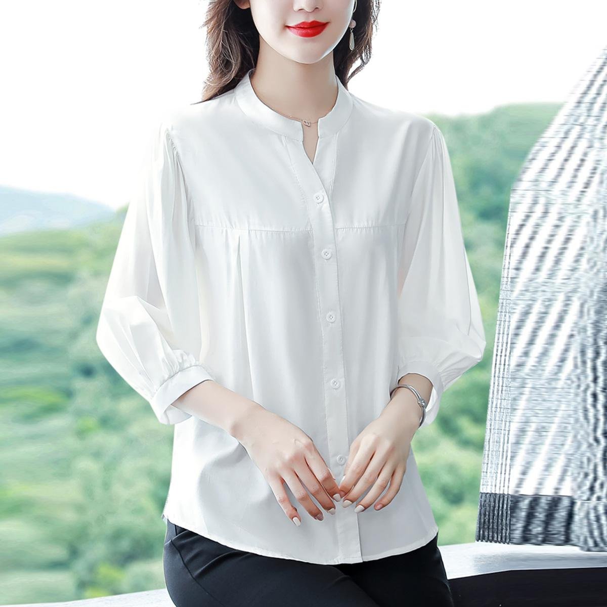 リネン混シャツ レディース 上品 ゆったり 半袖/七分袖 体型カバー ブラウス