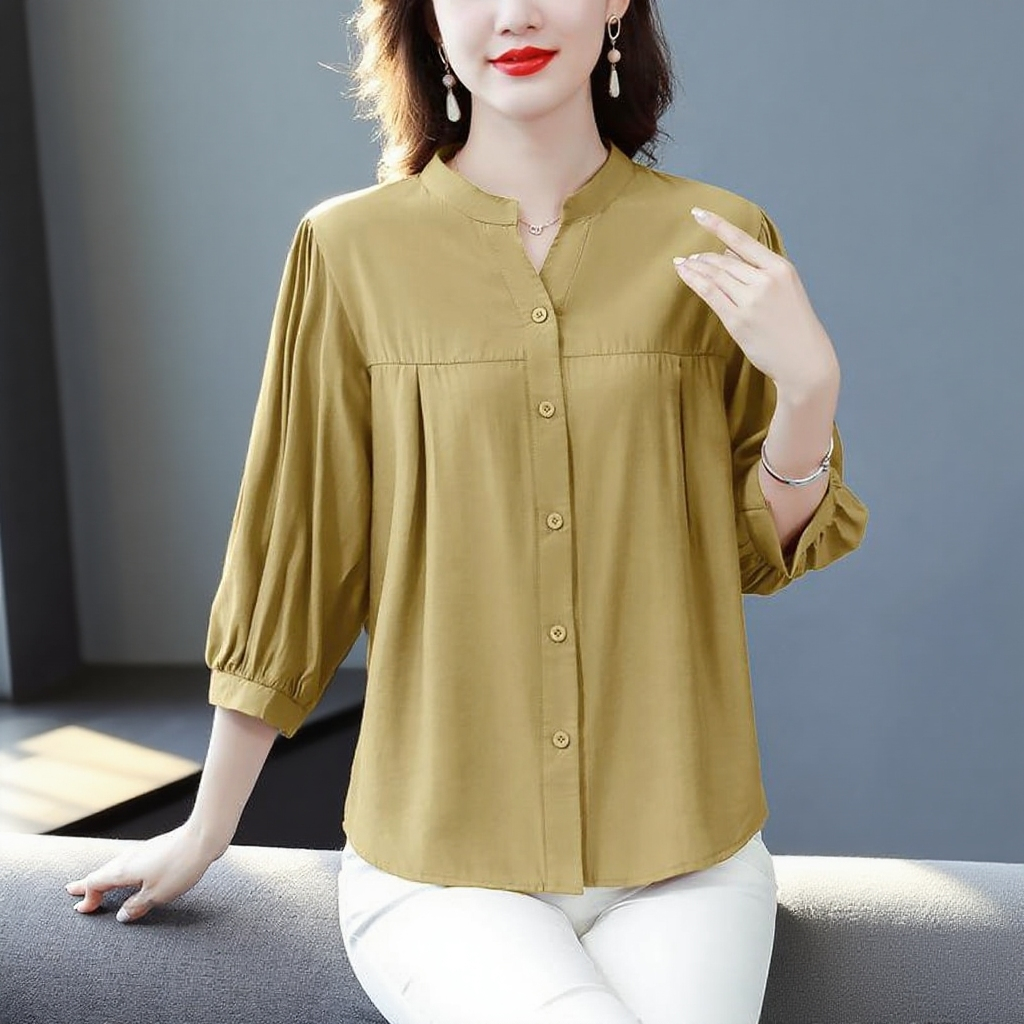 면 마 셔츠 여 린넨 상의 고급 반팔 칠부 소매 엄마 루즈핏 배 가리개 블라우스 고급스러움