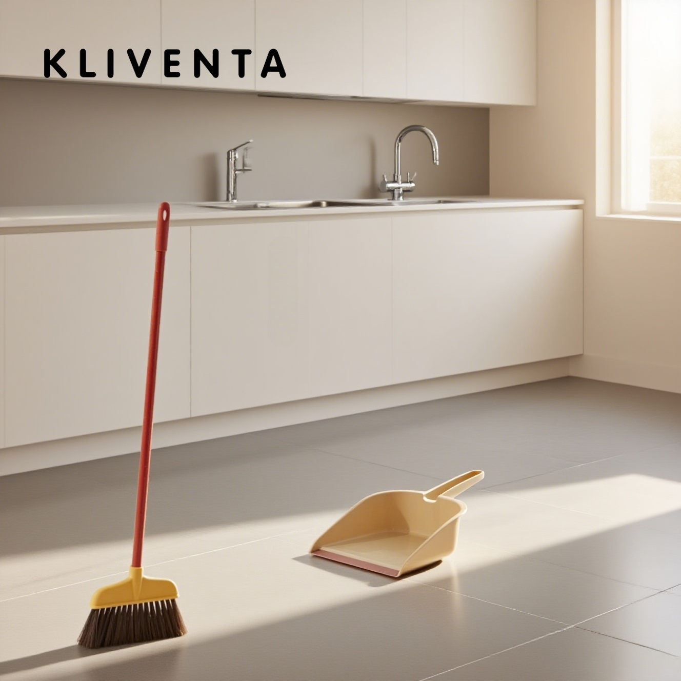 Sturdy broom with long handle and dustpan