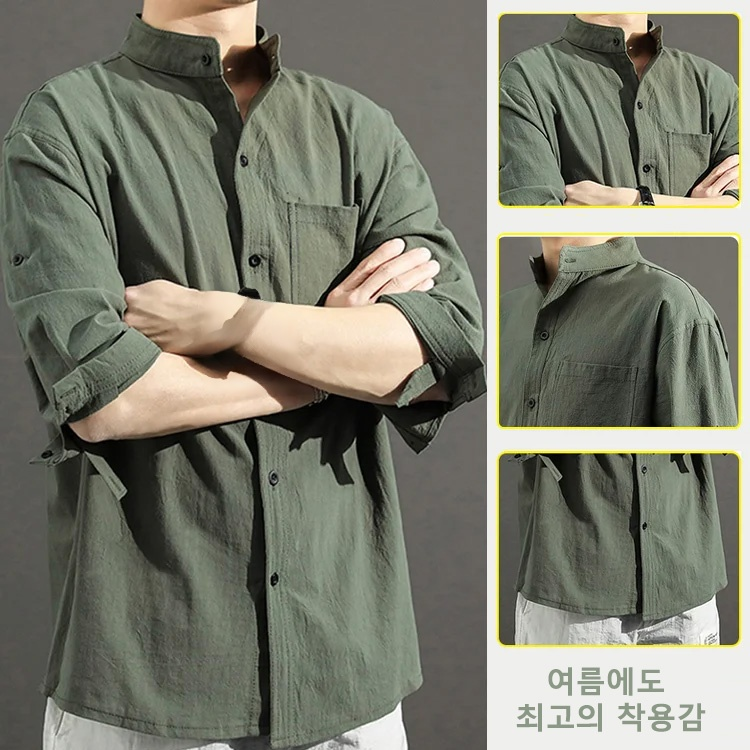 남성 면 마 루즈핏 셔츠