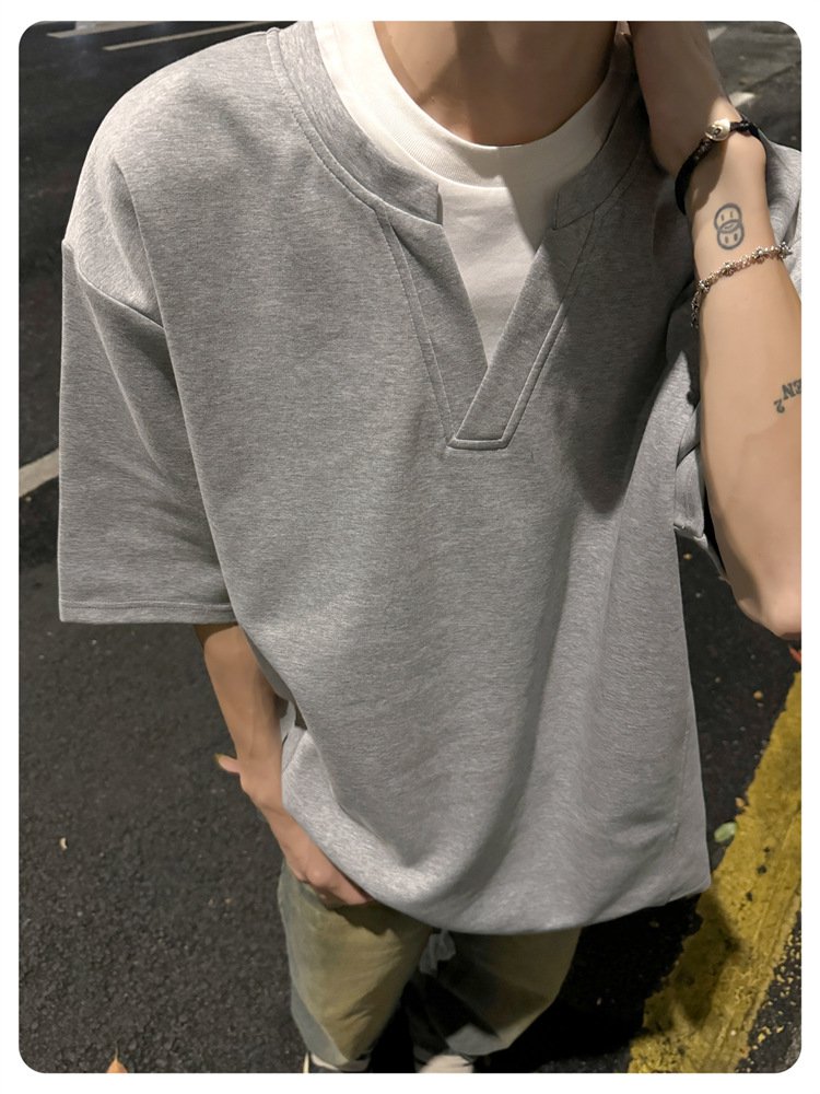 ニッチなデザインのメンズ半袖フェイクツーピースTシャツ正面画像