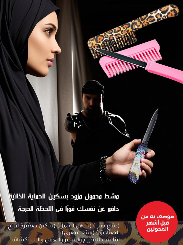 مشط متعدد الوظائف مزود بسكين فواكه للدفاع عن النفس