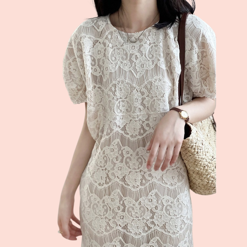 여름 자수 원피스 여성 라운드넥 미디 스커트