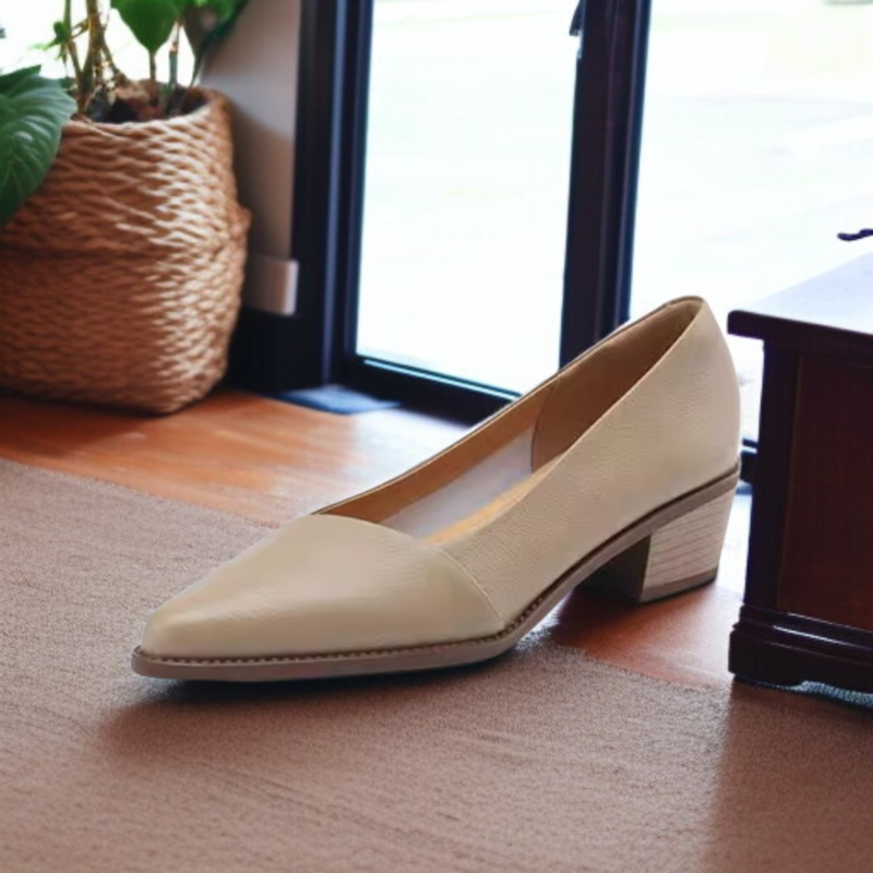 살구색 소프트 가죽 여성 스틸레토 단화 미들 굽 통굽 여성화