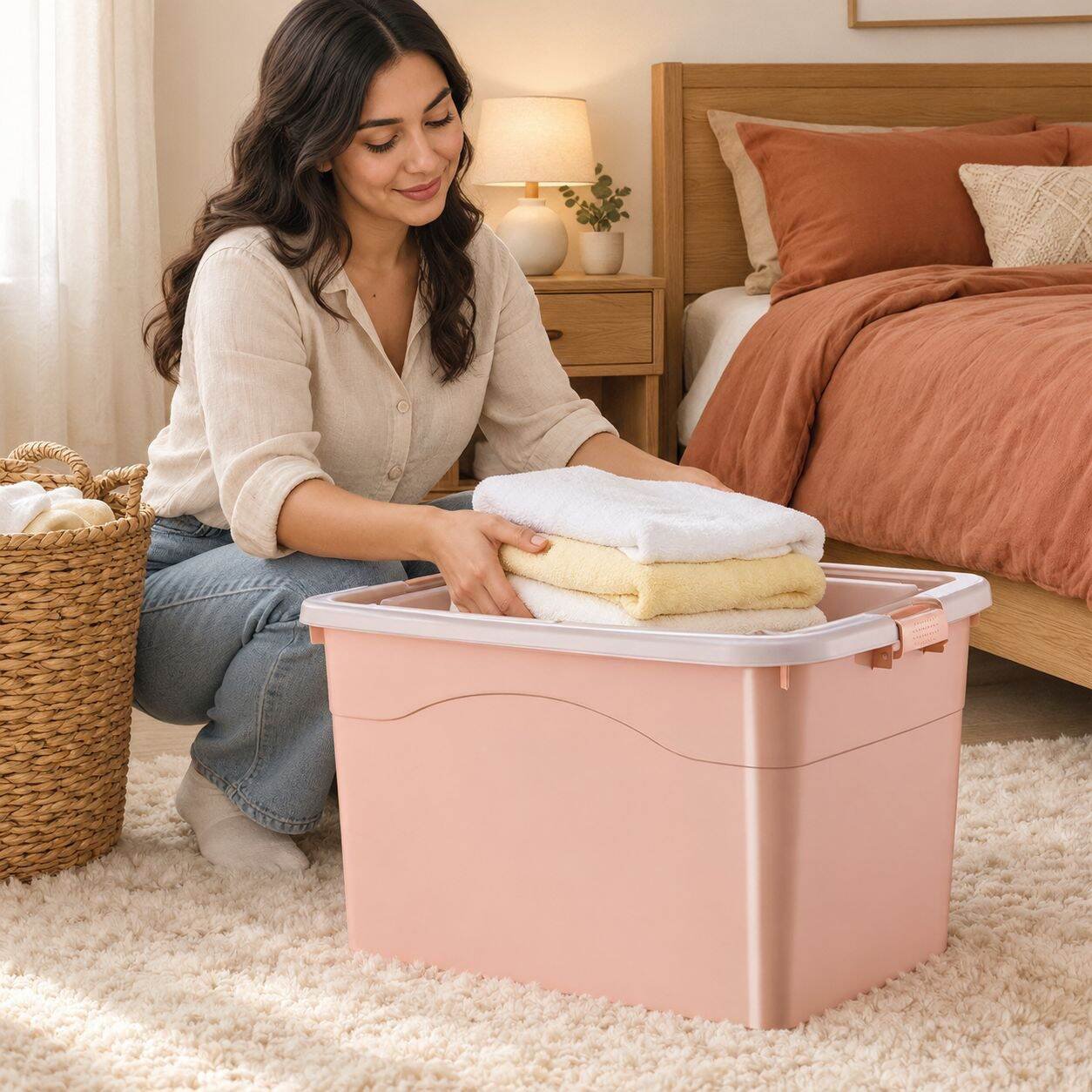 Caja organizadora grande de plástico con ruedas para mantas, juguetes y ropa