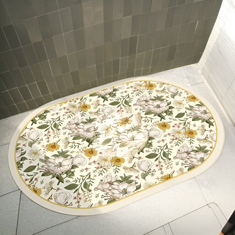 Quick Dry Diatomaceous Earth Non-slip Mat Floral Kitchen Bathroom Dual Use Washable Oval