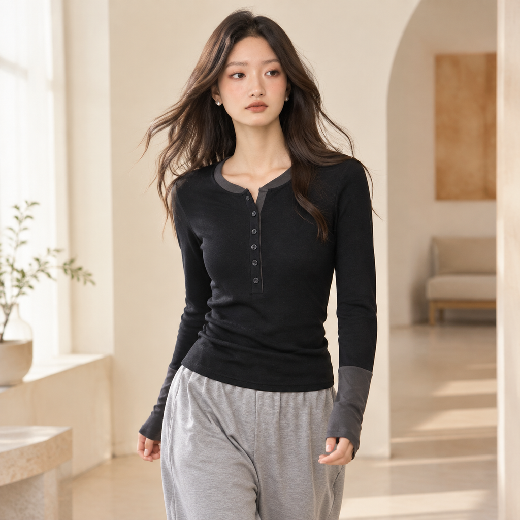 봄가을 여성 배색 버튼 레이어드 긴팔 이너 티셔츠