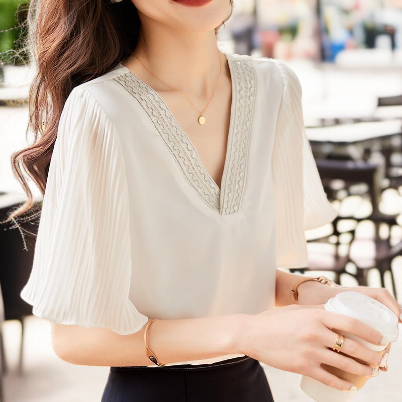 여성 여름 반팔 상의 배 가리는 반팔 화이트 셔츠 봄옷 블라우스 반팔 상의