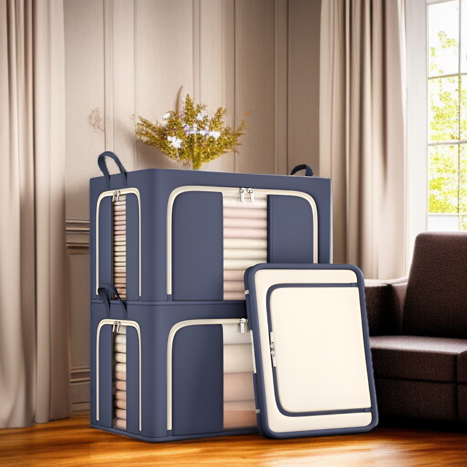 Faltbare Kleideraufbewahrungsbox mit Stahlrahmen, dreiseitige Öffnung, stapelbar, ideal für Futons