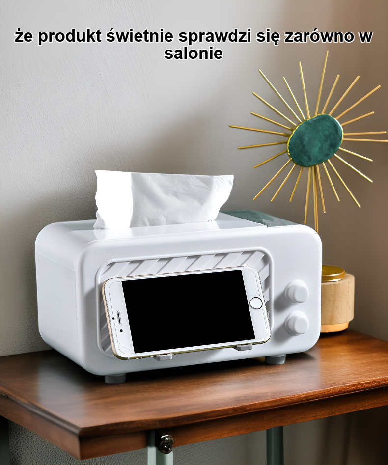 Nowoczesne pudełko na chusteczki z szufladą – aranżacja w salonie