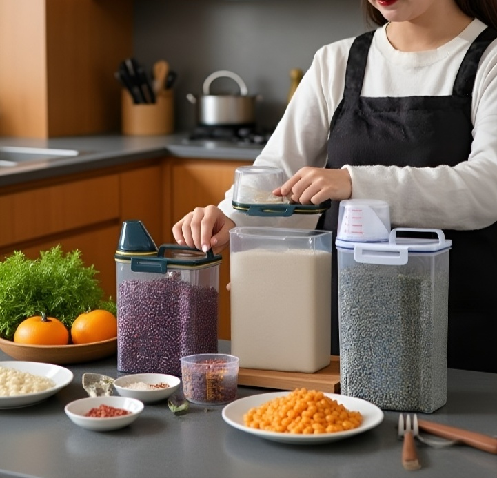儲物罐存放米、豆、麵粉示意圖