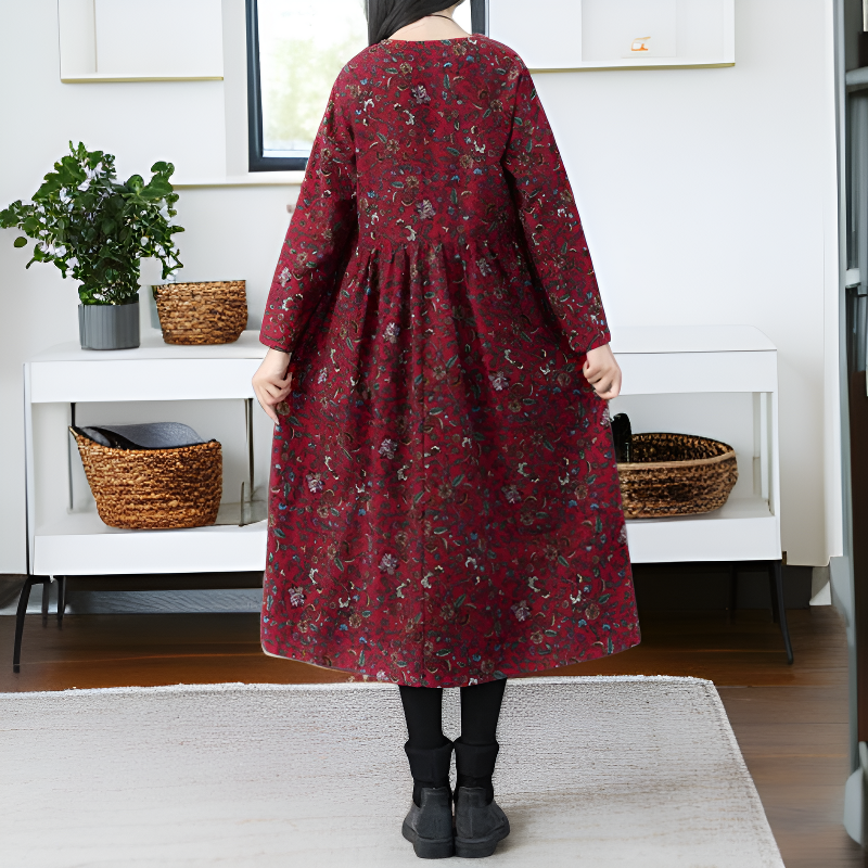 ゆったりヴィンテージコットンリネンプリントワンピース レディース春新作 長袖マキシドレス