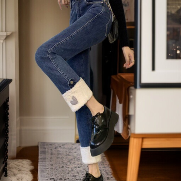 청바지 여키 하이웨스트 스트레이트 파이프 팬츠 램스울라이크 슬림핏 스모크 팬츠