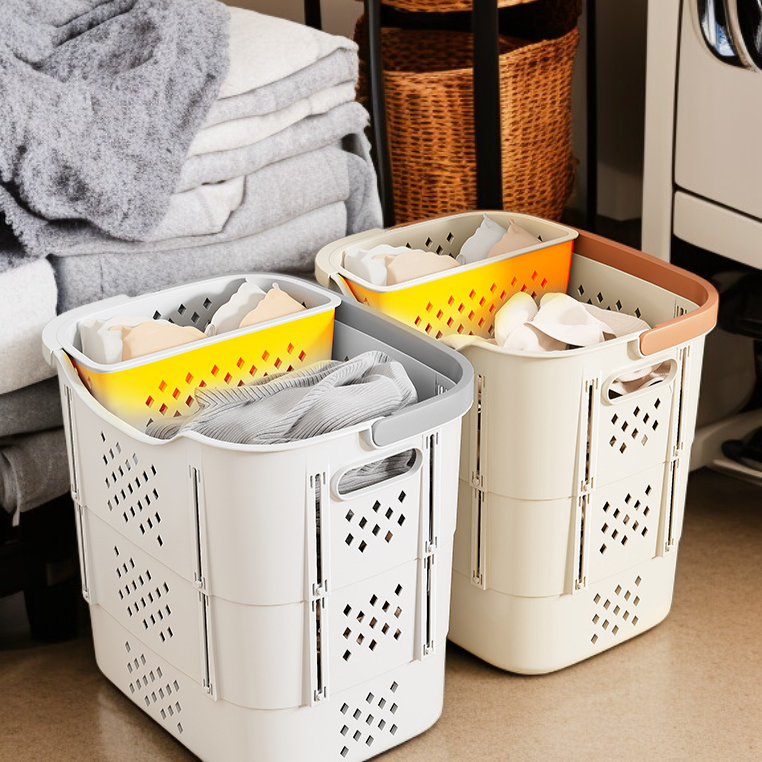 Stacked clothing storage baskets for home organization