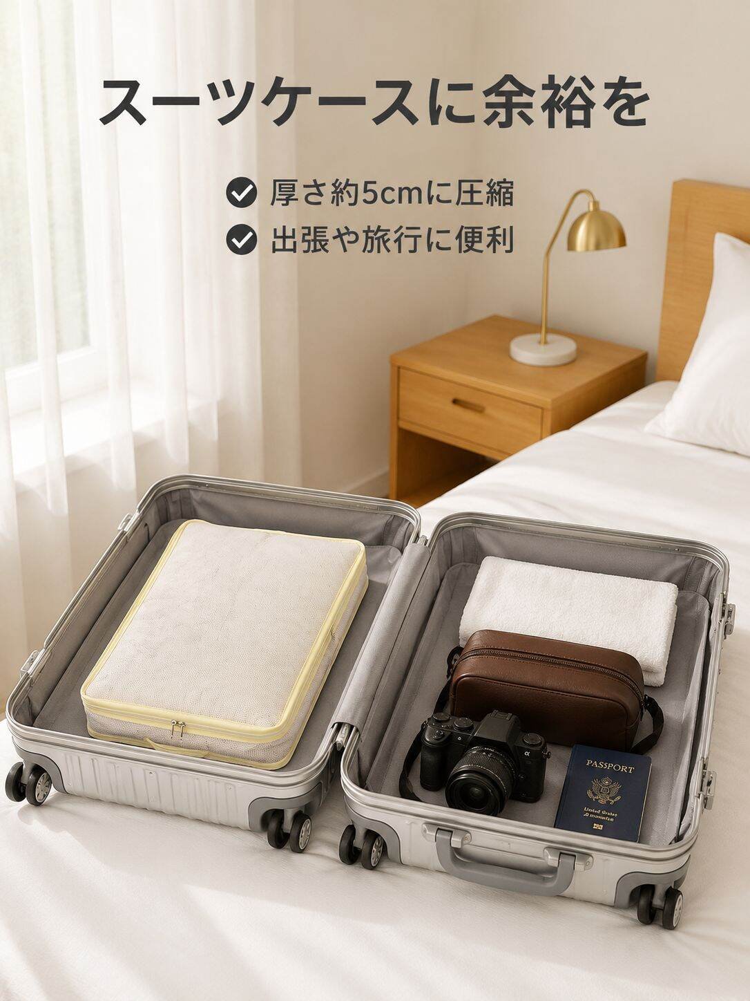 綿製の掛け布団と衣類収納バッグ