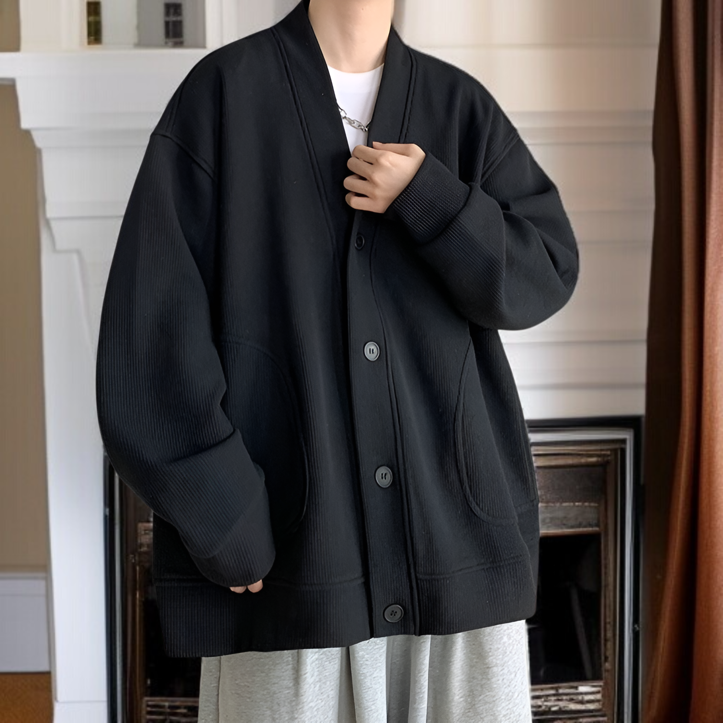 春と秋に着用する男性用のレイジースタイルのウールカーディガンジャケット、Vネックのアメリカンジャケットを備えた先進的な若々しいフードなしセーター