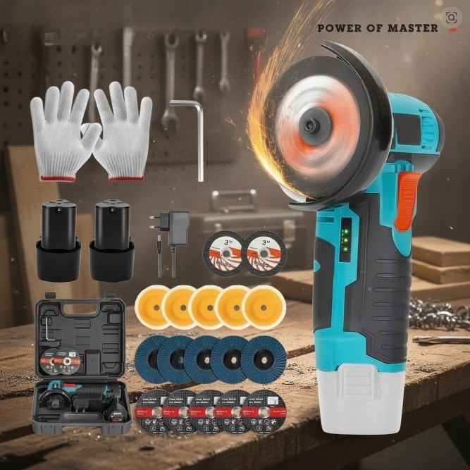 Handheld angle grinder cutting metal