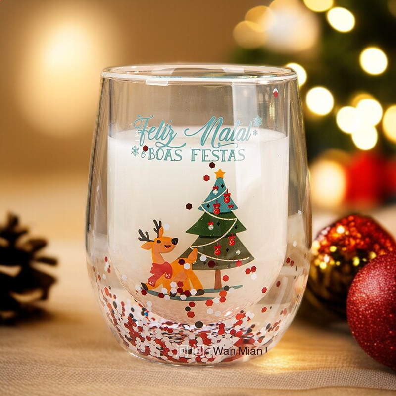 Doppelwandiges Glas mit rotem Henkel, Weihnachtsbecher 2025