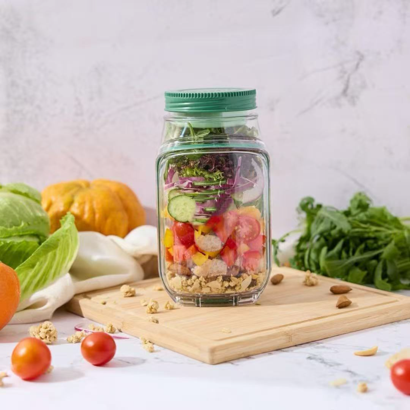 Portable side-opening salad storage jar