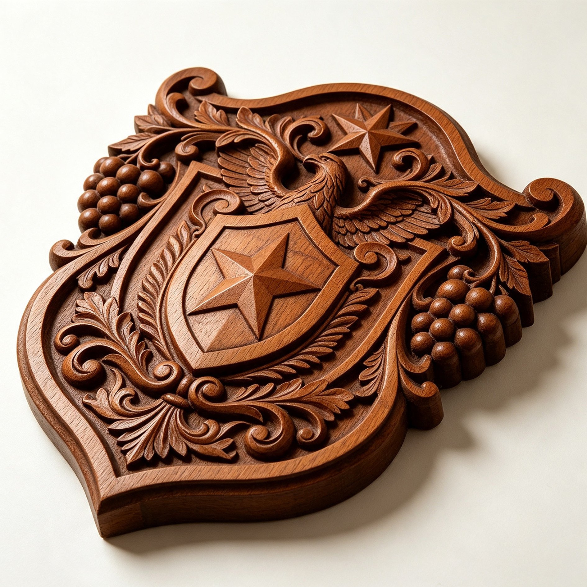 Handcrafted wooden shield with eagle and star design