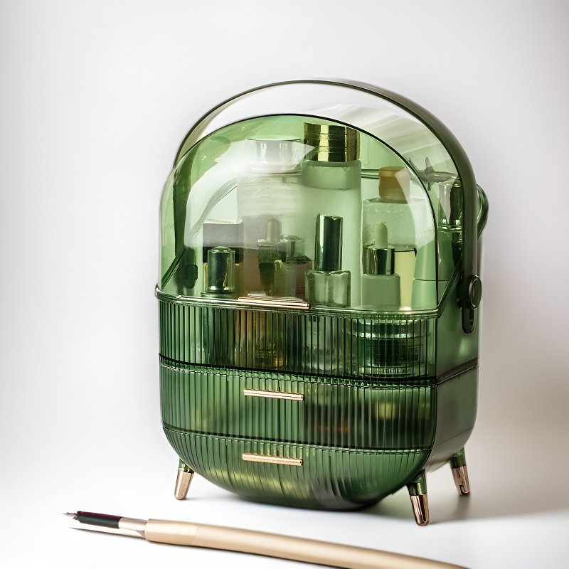 Desktop shelf holding books and office supplies
