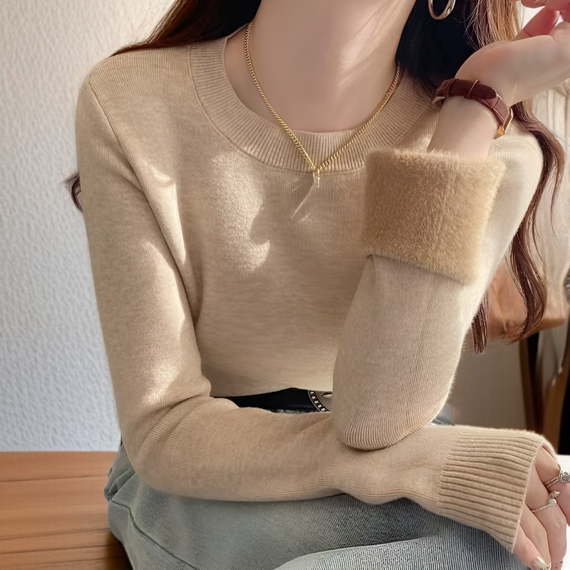 2025年冬新作：フリース裏地、極暖セーター、厚手フリースクルーネックプルオーバー、暖かいニットウェア、ベースレイヤー、秋冬レディーストップス、寒い天候の解決策