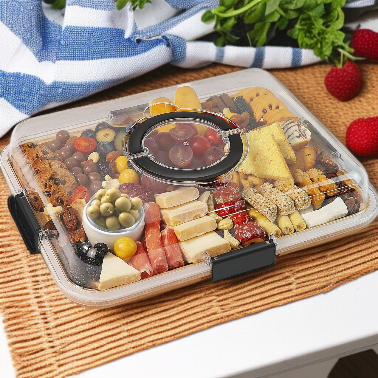 세련된 디자인의 나무 트레이 근접 촬영