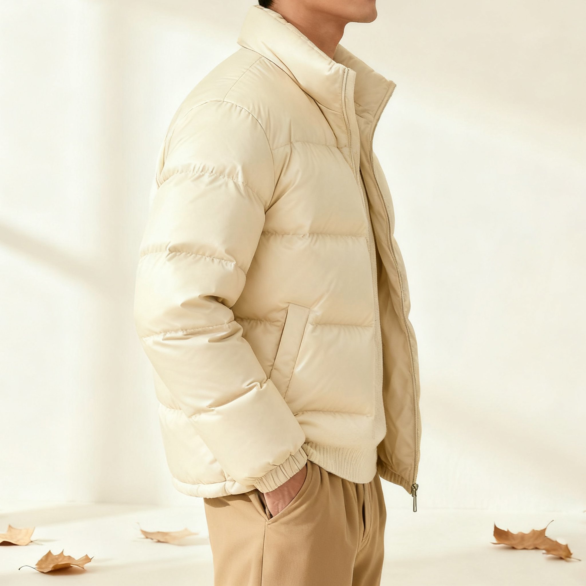  남성 베이지 기본형 숏 패딩 점퍼