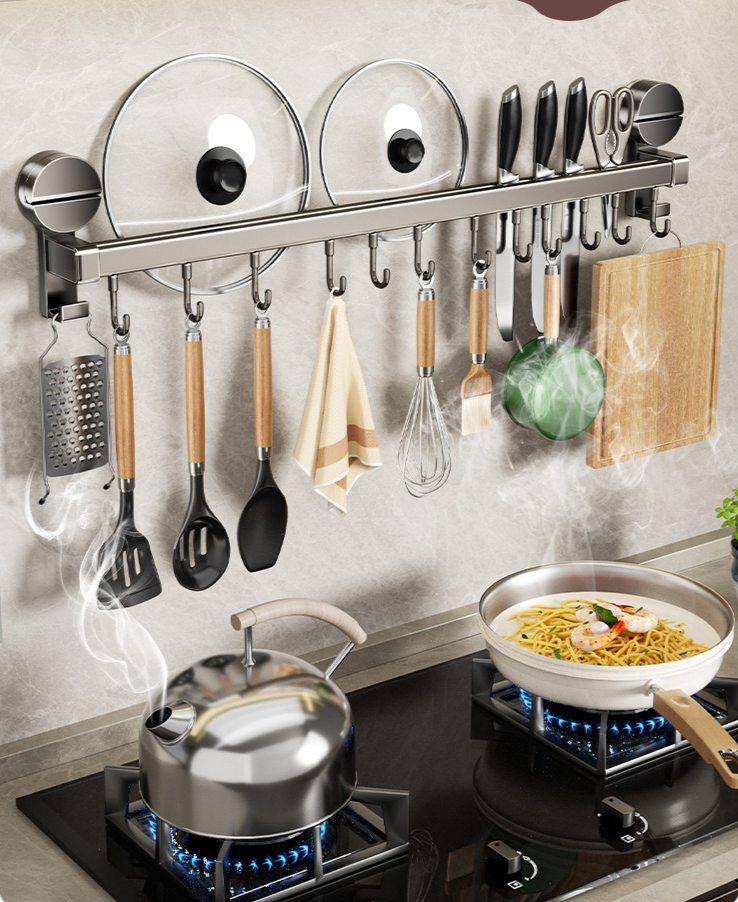 Barra colgante para utensilios de cocina en estante multifuncional