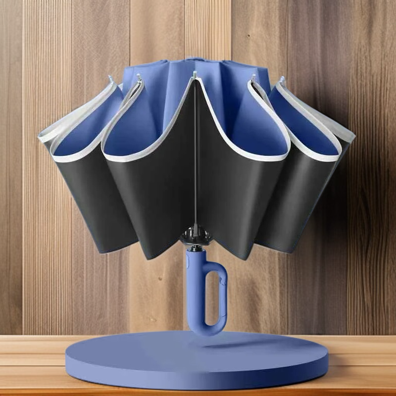 Windproof black rubber umbrella in strong wind