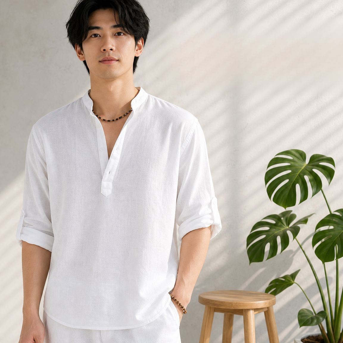 メンズゆったり無地長袖コットンリネンTシャツ・プラスサイズ