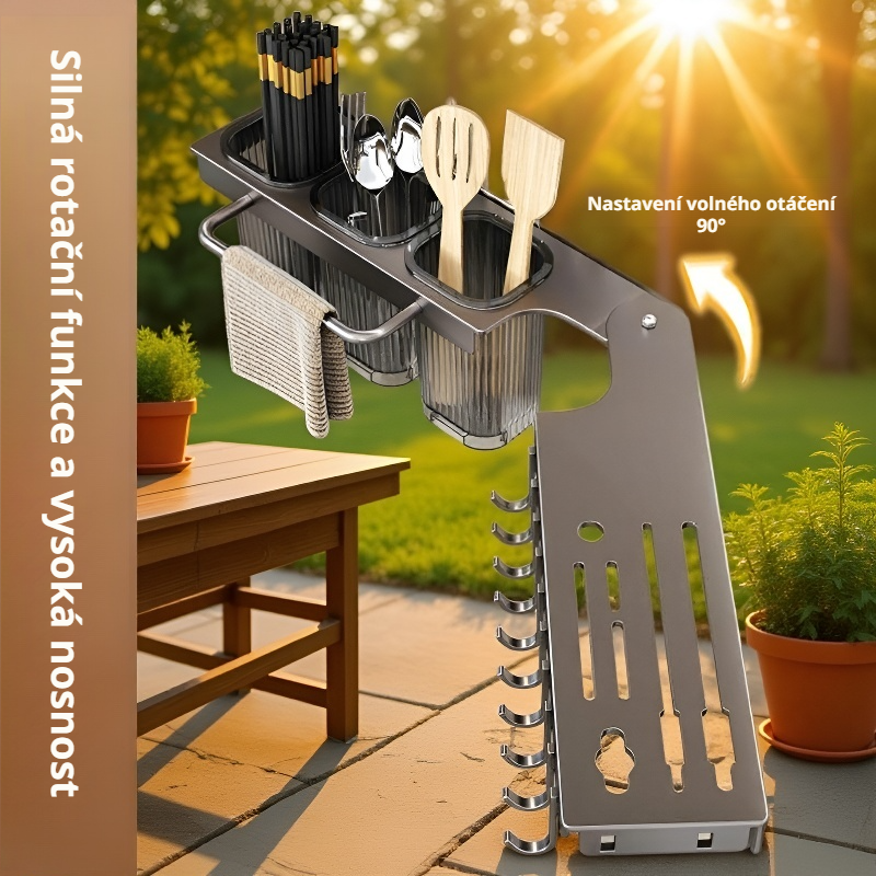 Nástěnný kuchyňský rohový stojan na nože a hůlky s integrovaným úložným prostorem