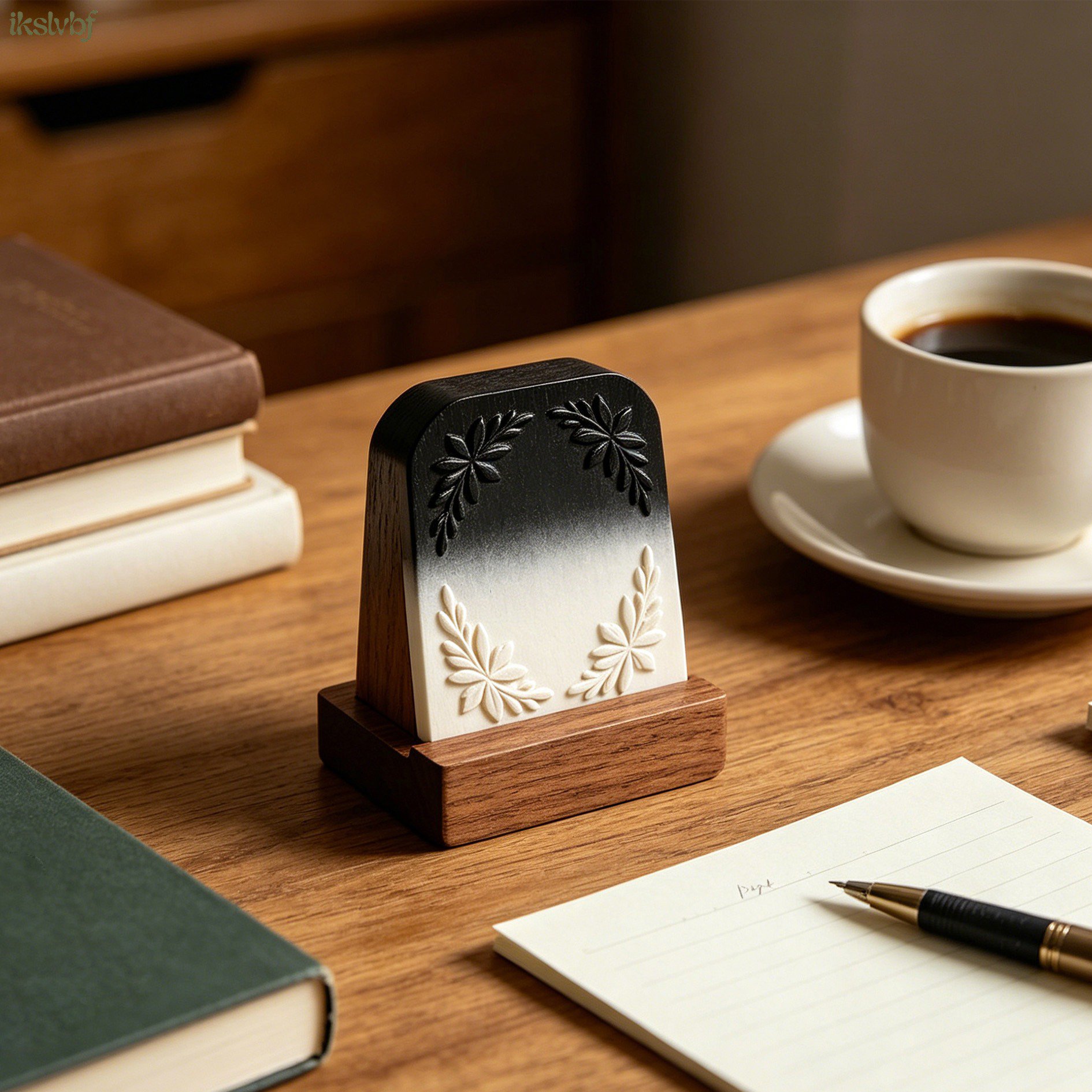 Close-up of wooden memo holder with notes