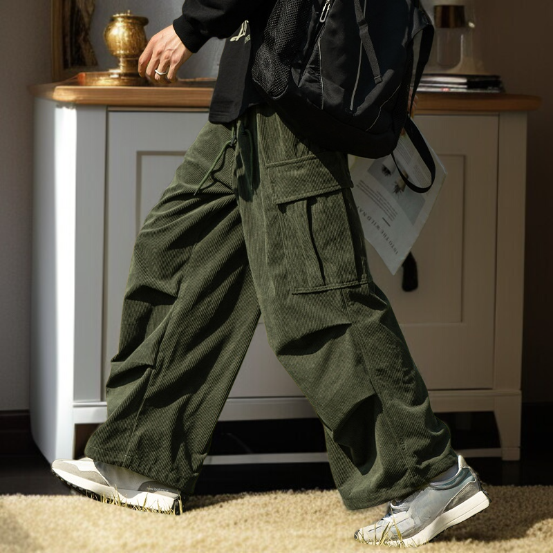カップル秋冬コーデュロイストレートワイドパンツパンツメンズカジュアルワークパンツアーミーグリーンワイドパンツ