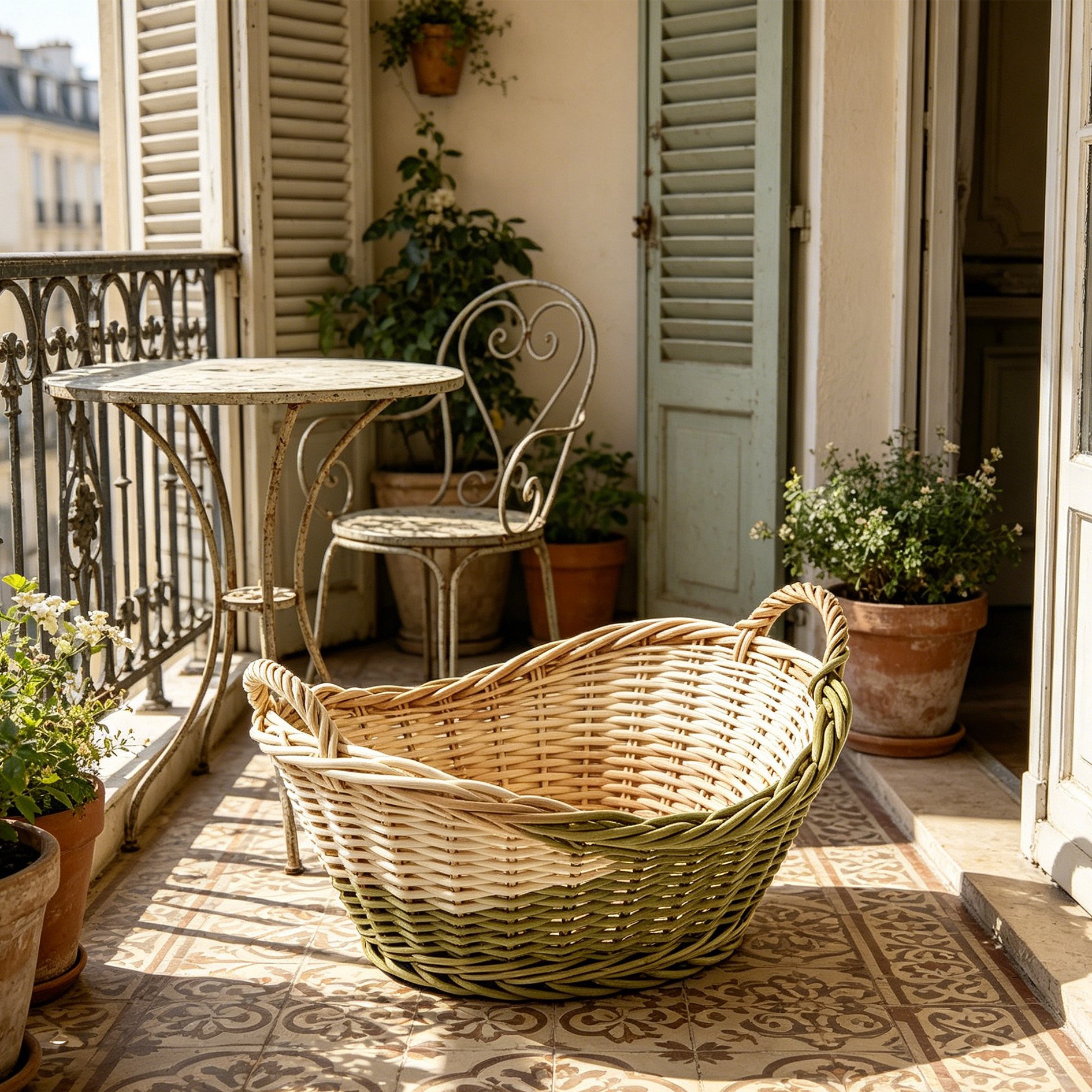 Handwoven rattan baskets used for living room organization