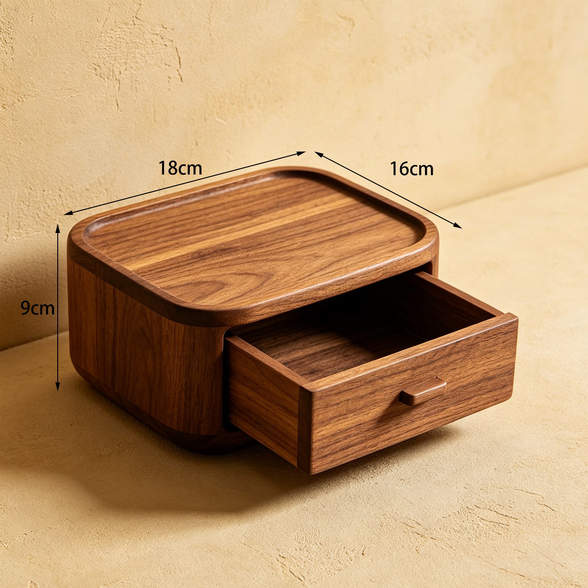 Set of five walnut wood single-drawer storage boxes arranged neatly