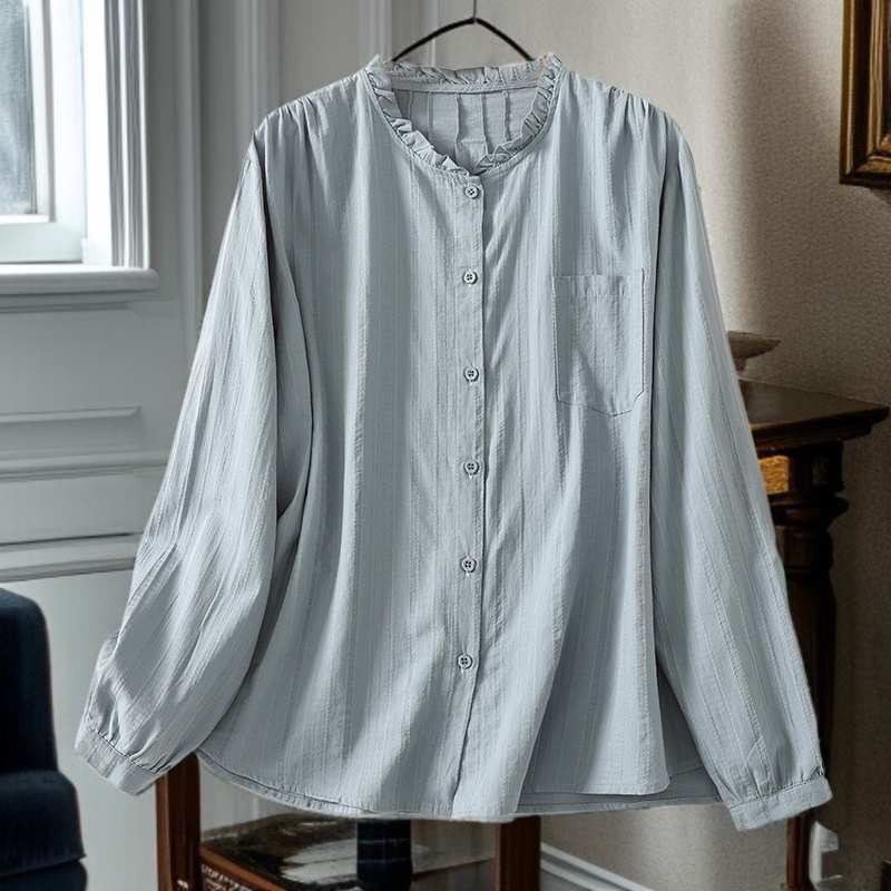 여성 문예 루즈핏 목이버섯 면 자카드 긴팔 셔츠