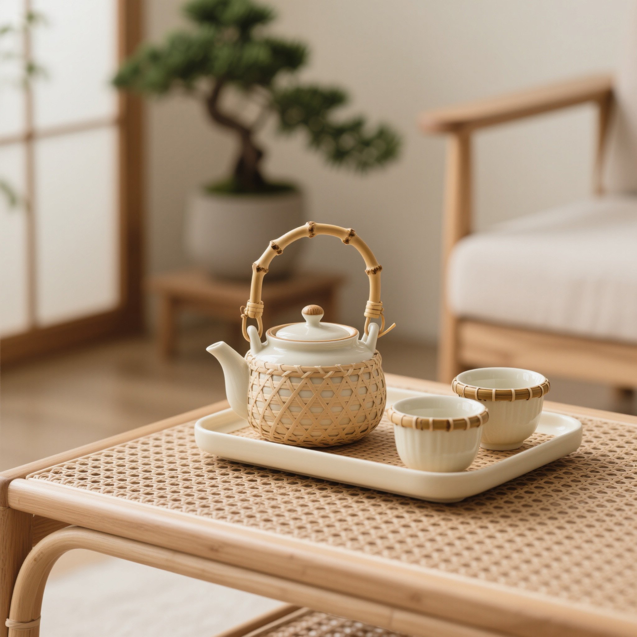 ชุดน้ำชาเซรามิกดีไซน์สวยงามพร้อมถาดไม้ไผ่ธรรมชาติ