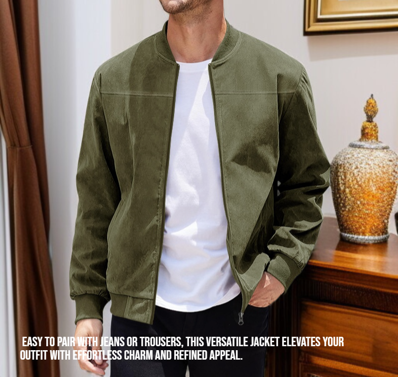 Back view of men's suede long sleeved jacket