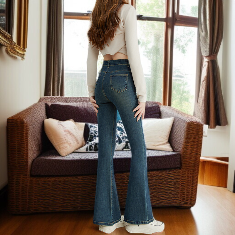 小さめハイウエストワイドジーンズ女性春春スリム細めマイクロフレアワイドパンツ