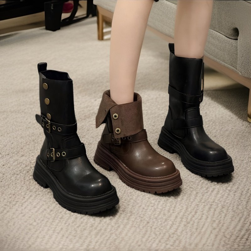 英国風ブーツ、女性用、2025年春秋新作、シングルブーツ、レトロレディースシューズ、ミドルブーツ、厚底ブラックショートブーツ
