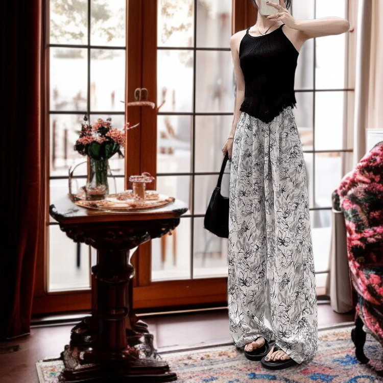 와이드 팬츠 여 패션 수묵 팬츠 처짐 날씬해 보이는 하이웨스트 일자 스커트 슬림핏 플라워 와이드 팬츠
