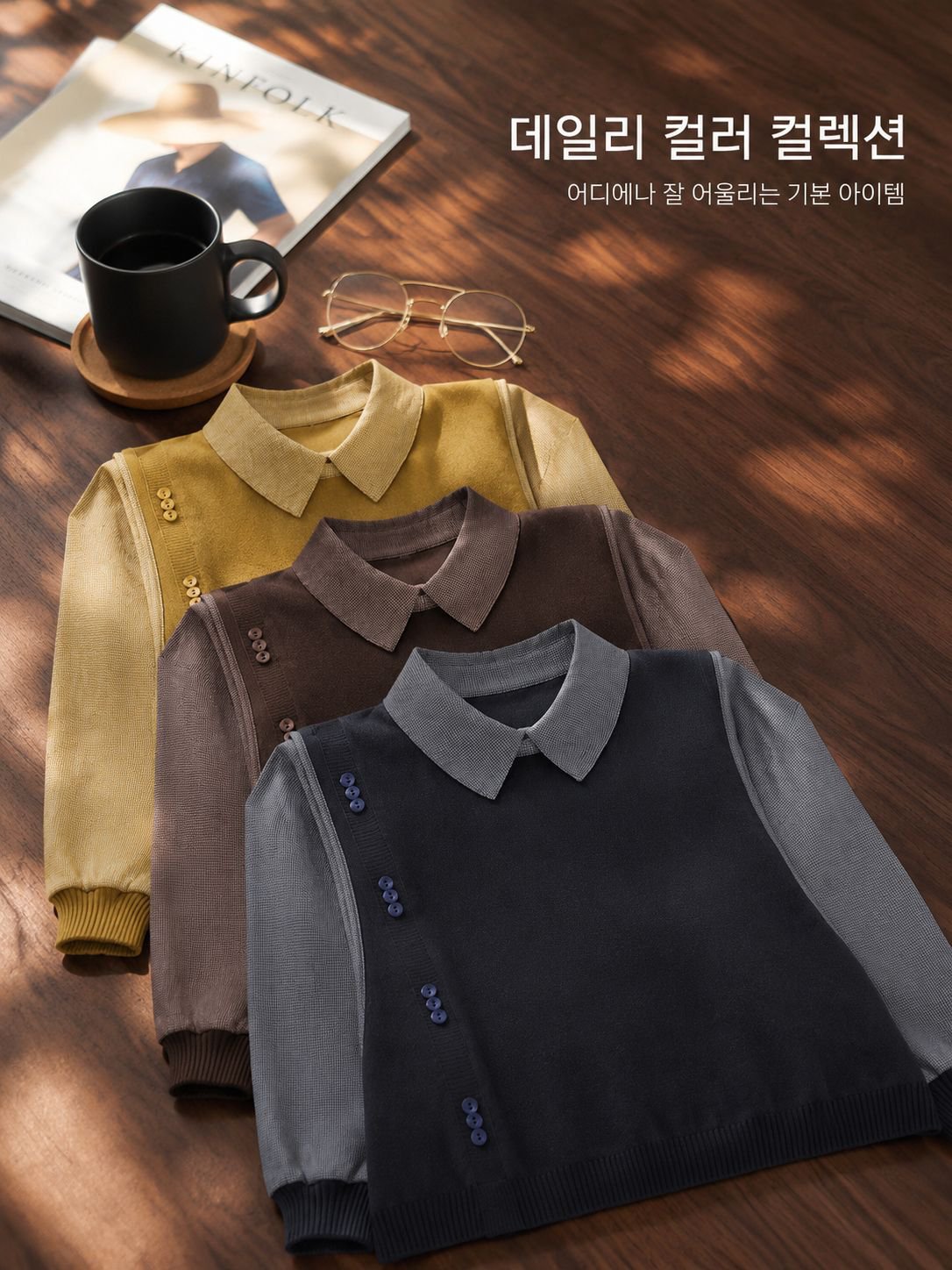 패션 셔츠 칼라 레이어드 티셔츠