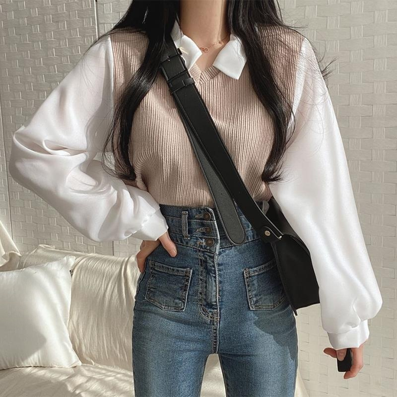 假兩件拼接POLO領寬鬆長袖衛衣女