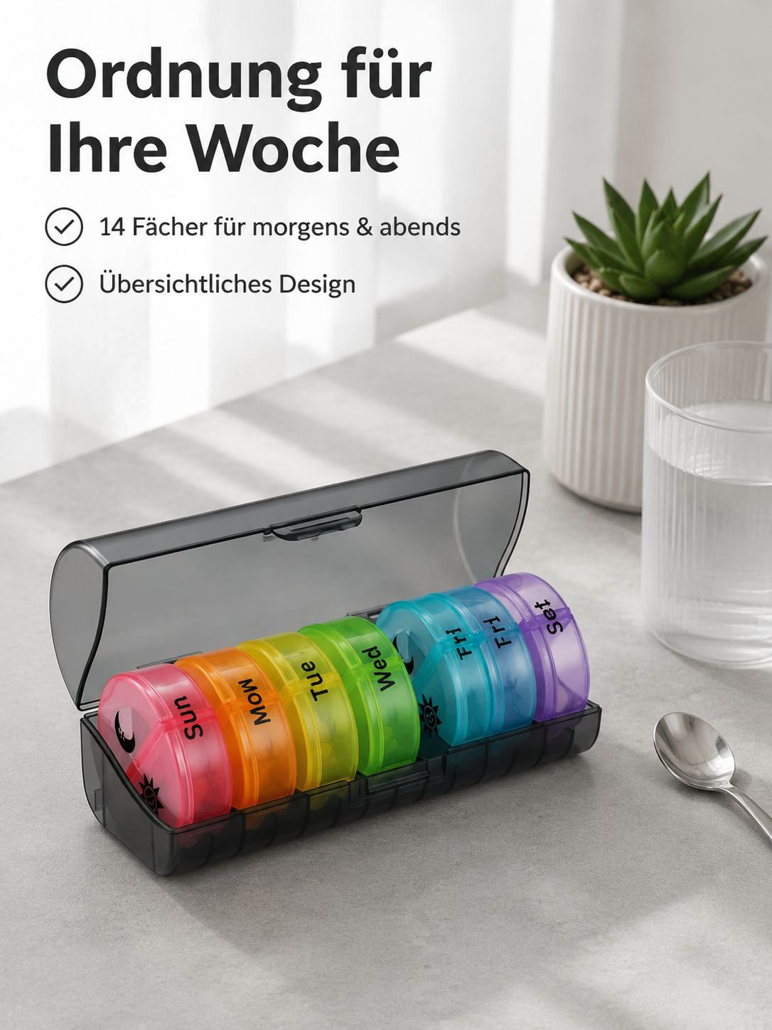 14-Fächer tragbare, abnehmbare, feuchtigkeitsgeschützte Wochen-Pillenbox für morgens und abends