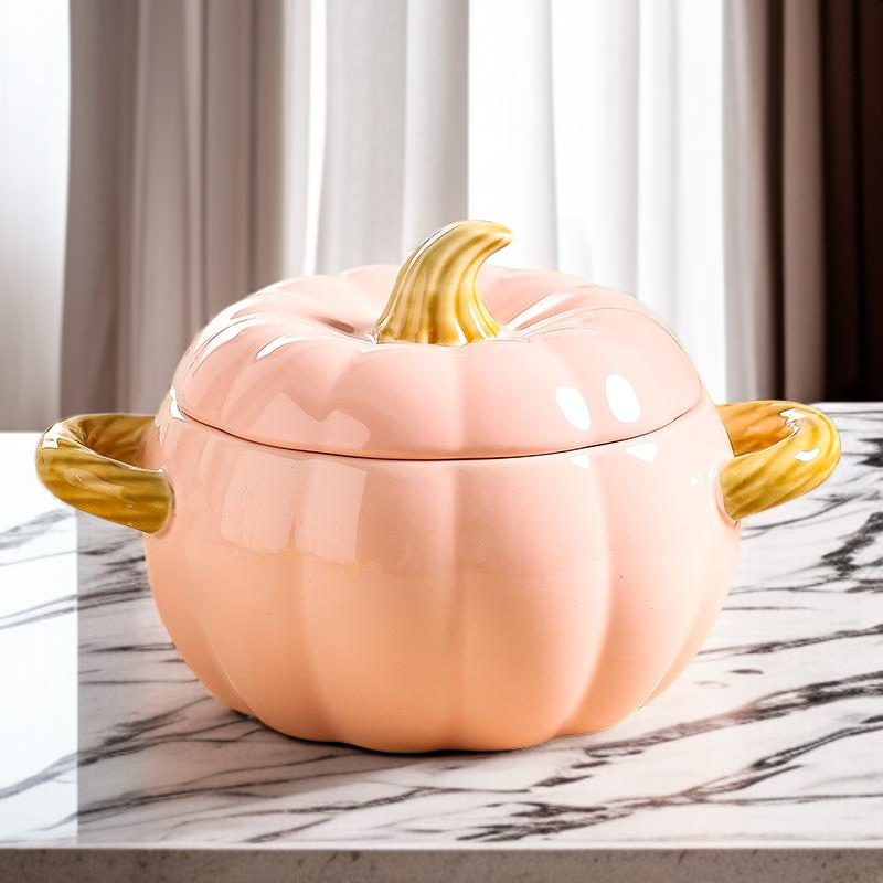 陶磁器カボチャの形蓋付き両耳大湯碗