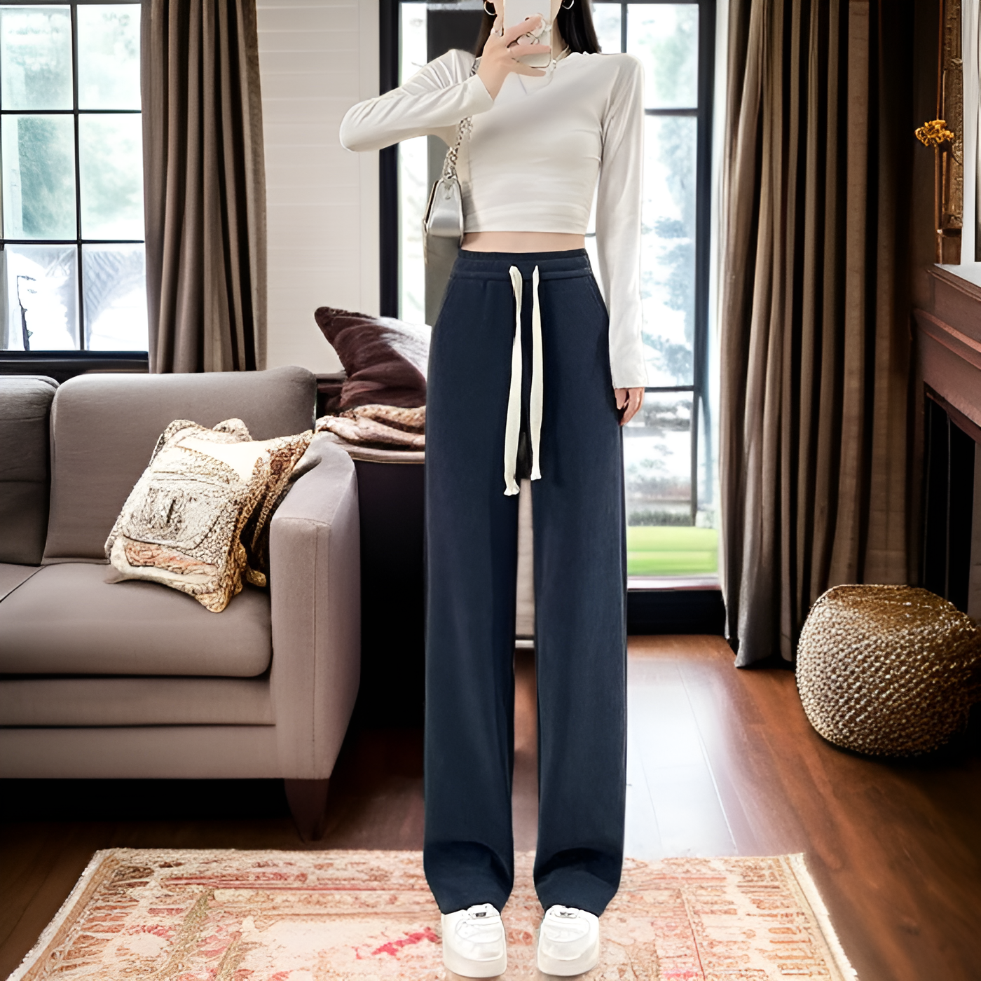 여성 개더 하이 웨스트 와이드 팬츠