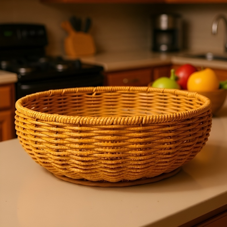 Close-up of woven rattan texture in storage basket