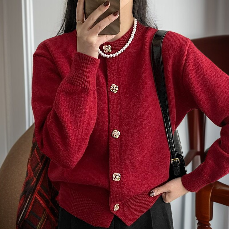 여성 레드 니트 카디건 싱글 큐빅 니트 카디건 버튼 여성 레드 카디건